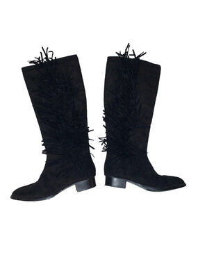 Women's Hooked Black Suede look Fringe Heeled Boots Size 7.5